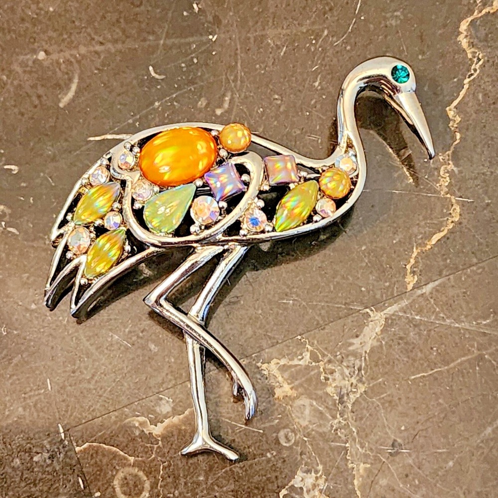 Vintage Silver Multi Color Flamingo Brooch
